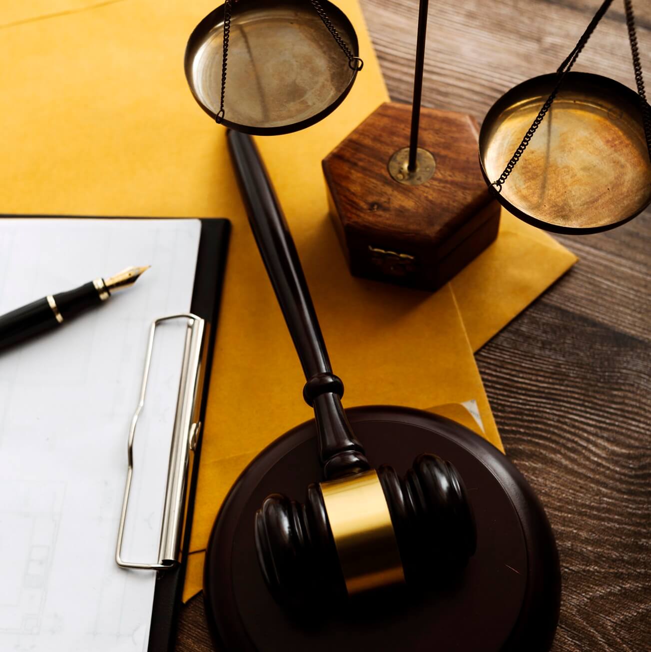Court gavel and scales near divorce documents